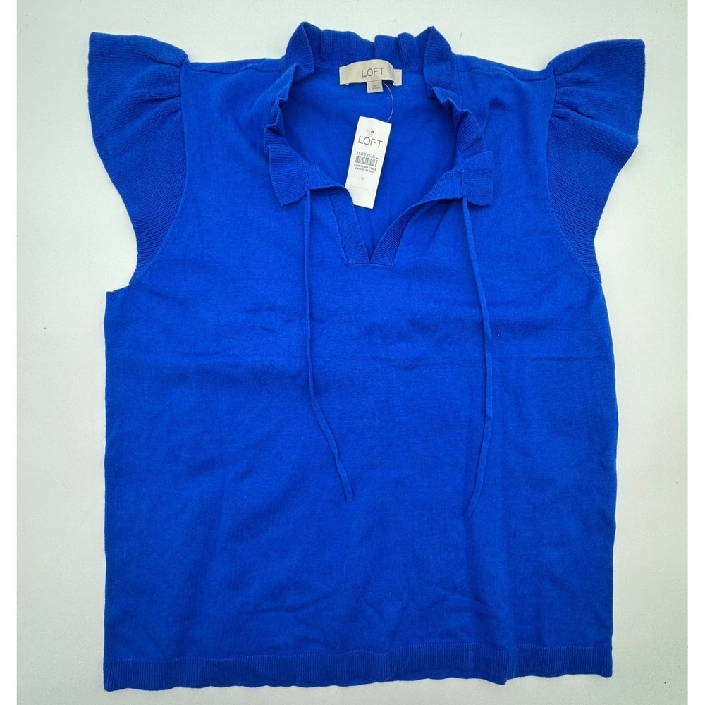LOFT Women's Sleeveless Ruffle Neck Sweater Top Blue NWT Size L